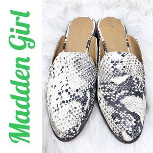 MADDEN GIRL MATTIE PYTHON SNAKE PRINT SLIP ON MULES FLATS WHITE GRAY, SIZE 7